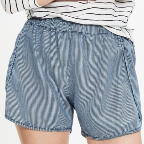 Madewell Railroad Stripe Pull On Chambray Shorts XS Blue‎ White Elastic Waist - Picture 1 of 9